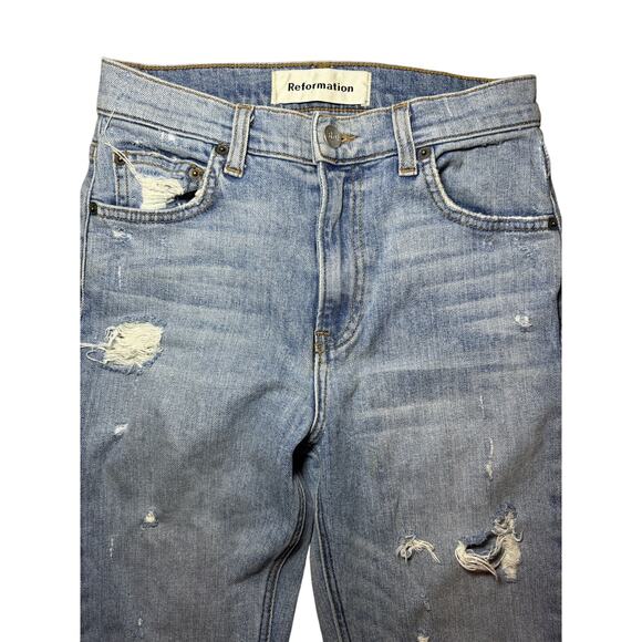 Reformation Distressed Blue Light Wash Denim Destroyed Knees Miami Size 25 - Picture 3 of 10
